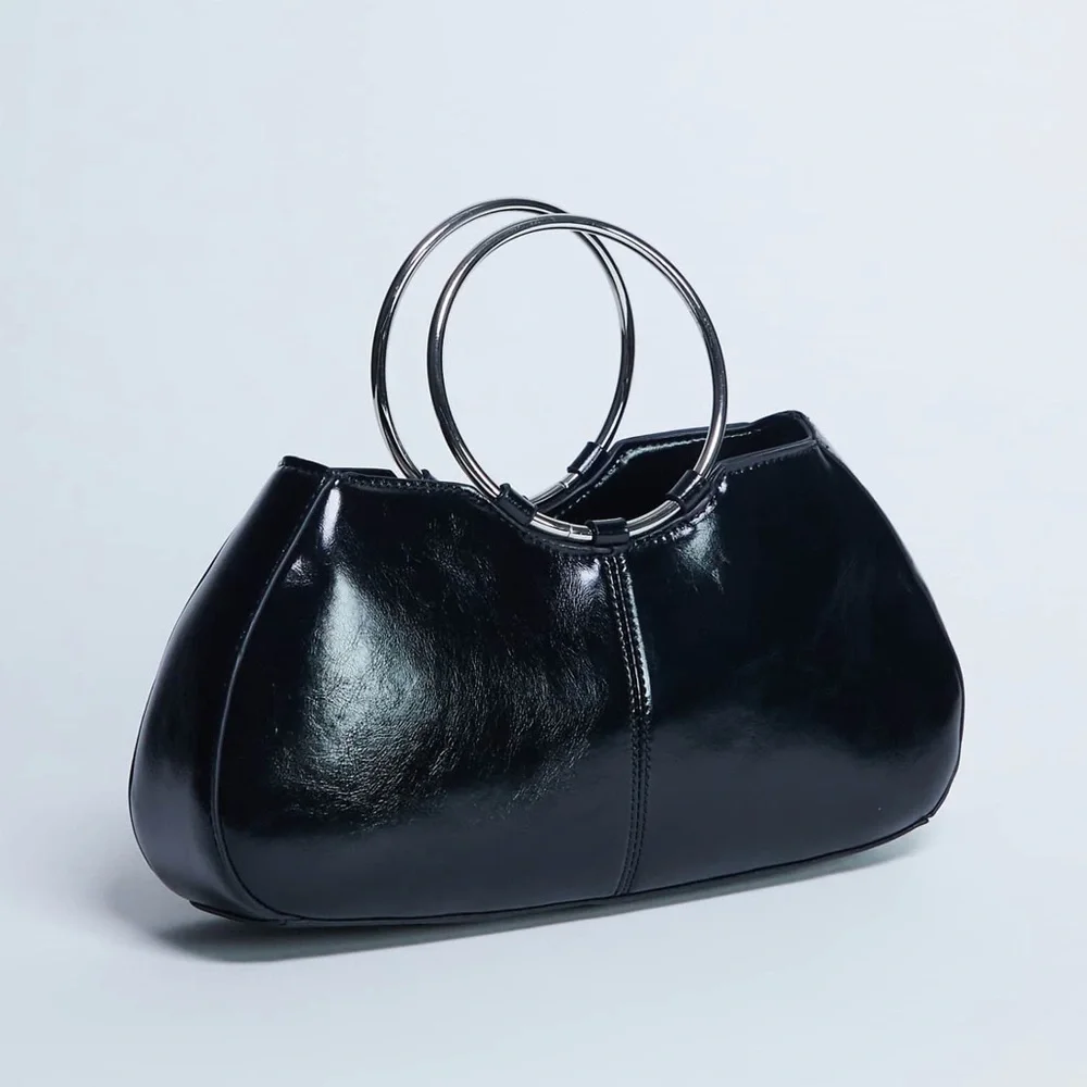 ASOS / Topshop black faux leather handbag with silver metallic o ring handle - Picture 1 of 5